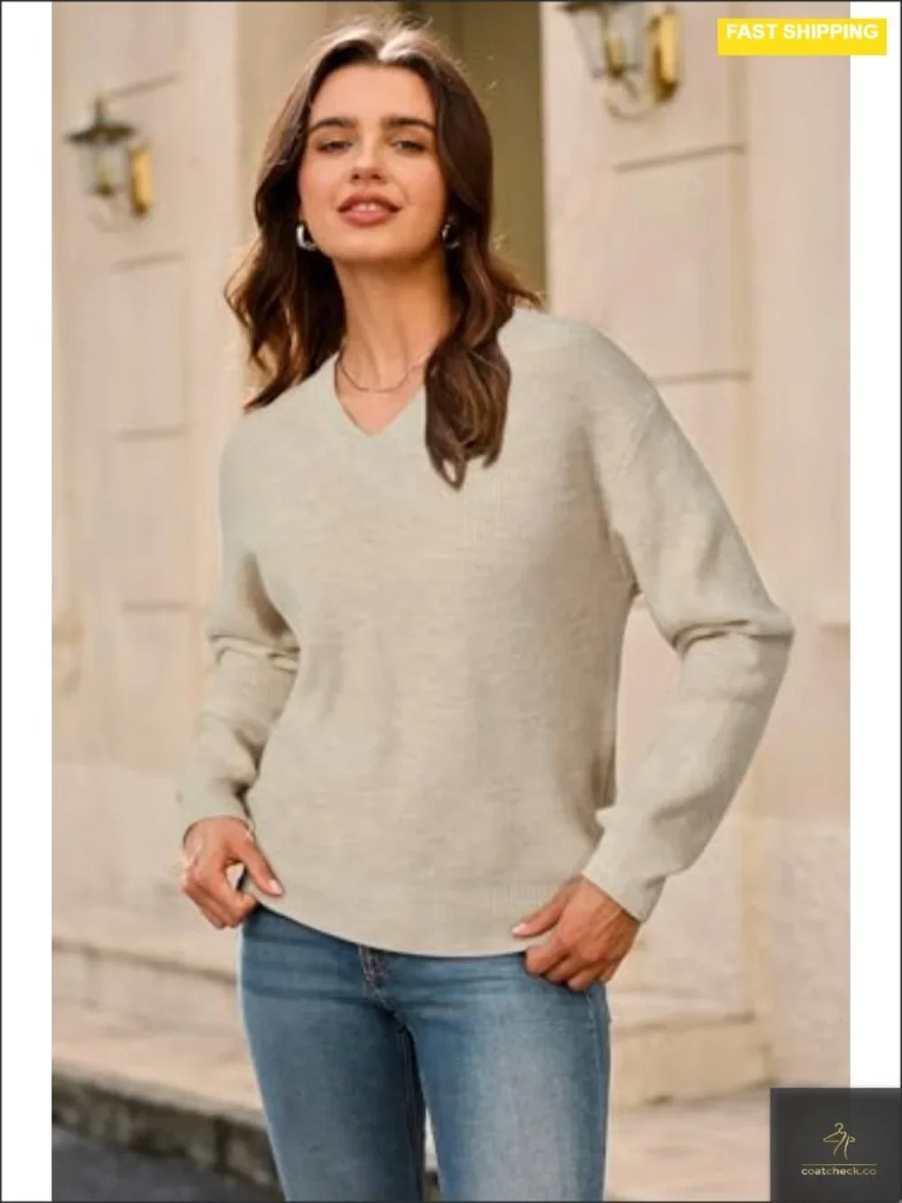 V-Neck Women's Wool Blend Pullover Sweater Business Casual Long Sleeve